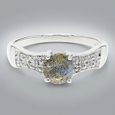 Cavill - Zilveren ring met 6mm ronde spectroliet 0,74ct en 12 witte topaas pavé 0,047ct - 925 Sterling zilver - Elegante damesring maat 17