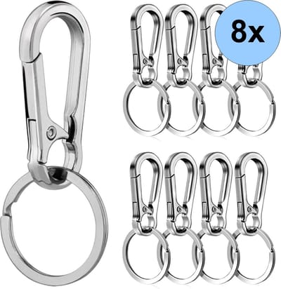 8x Karabijnhaak Met Sleutelring - Musketonhaak - Karabijnsluiting - Musketon - Sleutelhanger - RVS - 70x25mm - Zilverkleurig - 8 Stuks