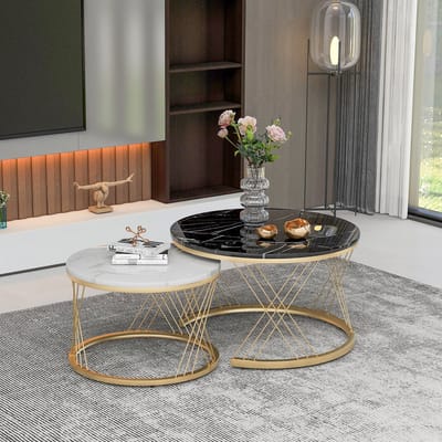 Sweiko Moderne Nesting salontafel, salontafel set marmeren fineer bank side nest van tafels ronde eindtafels, set van 2, gouden kleur frame