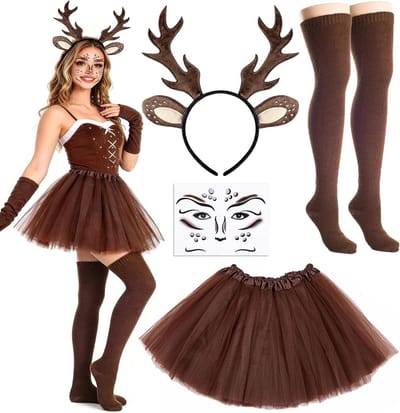 Dierenkostuum voor dames en meisjes met hertenoortjes, tule rok en gezichtstatoeage voor carnaval en Halloween