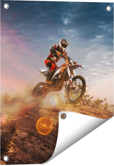 Gards Tuinposter Motorcross op een Heuvel bij Zonsondergang - 40x50 cm - Tuindoek - Tuindecoratie - Wanddecoratie buiten - Tuinschilderij