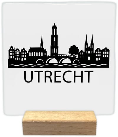 Utrecht skyline - Keramische decoratie tegel - incl. houten presenteerblok