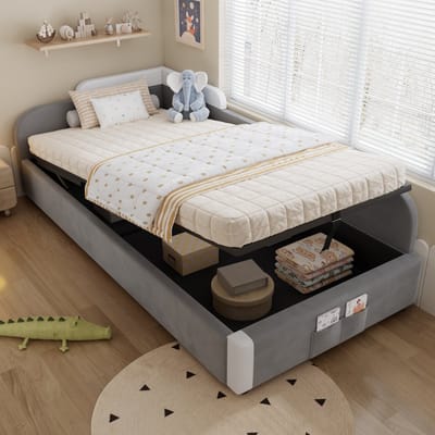 DESMIU Kinderbed 90x200 cm – Gestoffeerd Bed Met Hydraulische Opbergruimte – Zachte Veiligheidsrand En Opbergtas – Kinderkamer – Wit En Grijs – Zonder Matras