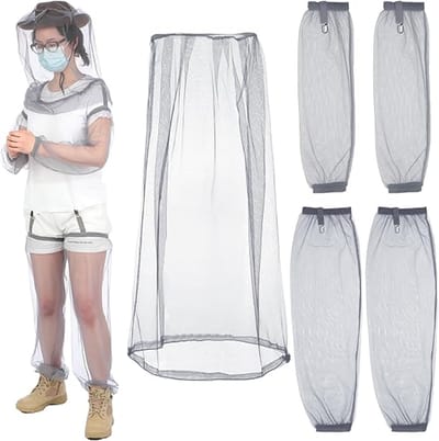 5-delige muggenwerende set - Muggennet hoofdbedekking 53×66CM - Beschermende mouwen maat L 20×60CM - Beenbeschermers maat L 28×55CM - Opvouwbaar - Geschikt voor kamperen en vissen - Grijs
