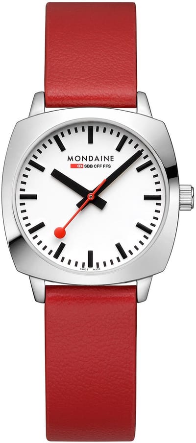 Mondaine MSL.31110.LCV Petite Cushion Unisex Horloge - Stationsklok - Mineraalglas - Staal/Leer - Rood/Zilver - 36 mm breed - Quartz - Gesp