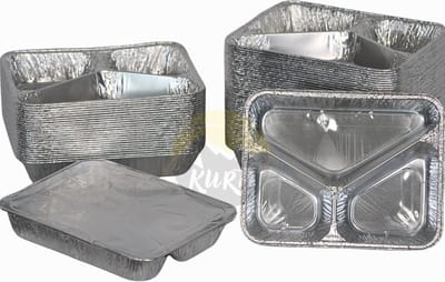 KURTT - Aluminiumbakje 760 G driedelig met aluminium deksel 100 Stuks | Menuschaal 3 vaks Aluminium | Prep meal | Fitness | Salade | Maaltijd | Take Away | Aluminium bakjes wegwerp | Aluminium bakjes met deksel | Aluminium wegwerp bakjes
