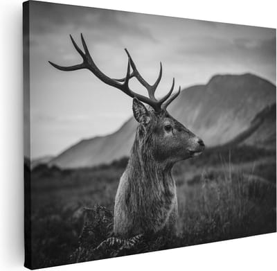 Artaza Canvas Schilderij Hertenkop Met Gewei - 40x30 cm - Klein - Wanddecoratie Hert - Muurdecoratie Bergen - Kamer Accessoires