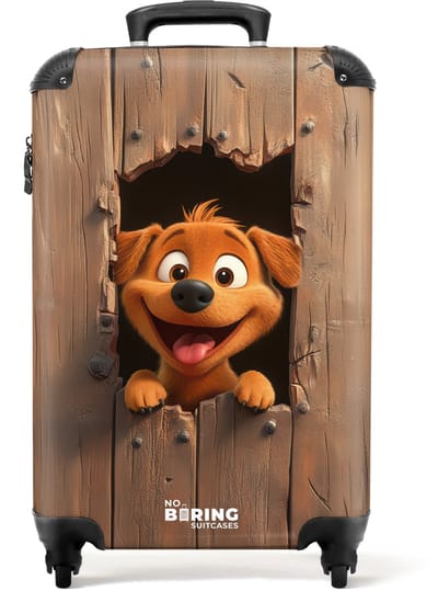 NoBoringSuitcases.com® - Kinderkoffer - Kindertrolley jongen en meisje - Vrolijke hond kijkt door kapot houten hek - Handbagage koffer lichtgewicht - Reiskoffer trolley kinderen - Rolkoffer met wieltjes - Past binnen 55x40x20 en 55x35x25
