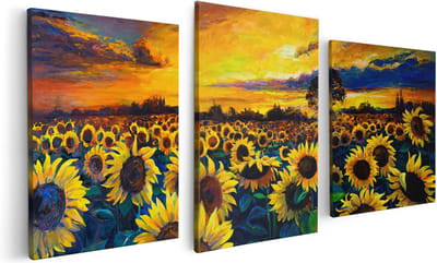 Artaza Canvas Schilderij Drieluik Getekende Zonnebloemen Veld Met Olieverf - 120x60 - Foto Op Canvas - Canvas Print