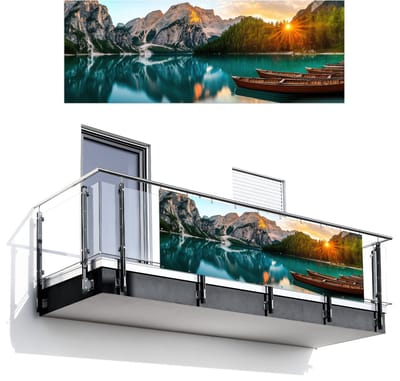 Balkonscherm 300x110 cm - Balkonposter Meer - Bergen - Zonsondergang - Boot - Balkon scherm decoratie - Balkonschermen - Balkondoek zonnescherm