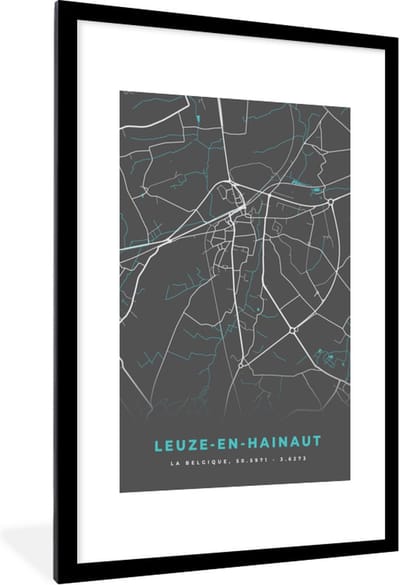 Fotolijst incl. Poster - België – Leuze en Hainhaut – Stadskaart – Kaart – Blauw – Plattegrond - 80x120 cm - Posterlijst