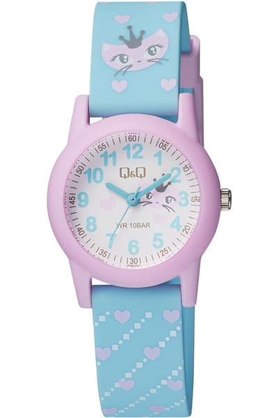 Q&Q VR99J007Y - Horloge - Polshorloge - Sport - Analoog - Kinderen - Unisex - Plastic band - Rond - Kunststof - Cijfers - Sreepjes - Roze - LichtBlauw - Wit - 10 ATM
