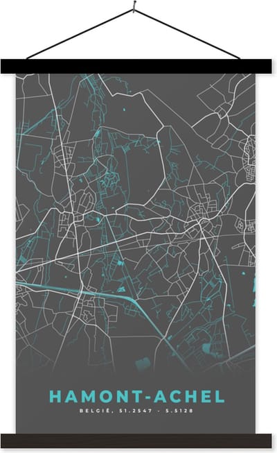 Posterhanger incl. Poster 40x60 cm - Schoolplaat - Stadskaart – Grijs - Kaart – Hamont Achel – België – Plattegrond - Textielposter - Zwarte latten - Stadskaart