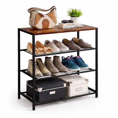 LuxaLiving Schoenenrek 4 Lagen – Schoenenkast voor Hal – Industrieel Metaal & Hout – Zwart Bruin – 60 x 30 x 59 cm