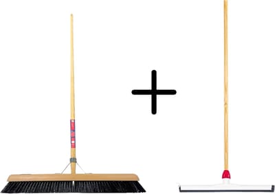 Synx Tools Paardenhaar 60cm + Vloertrekker Kunststof 45cm met Steel 120cm – Zaalveger – Vloerreiniger – Natuurrubber – Zachte binnenbezem met steel 150cm