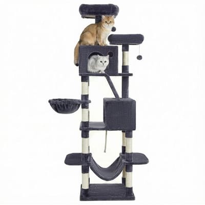 JOYFURNOS krabpaal, grote kattentoren van 206 cm met 13 krabpalen, 1 krabhelling, 2 zitplatforms, 2 holen, mand, hangmat, pompons, pluchen kattenflat