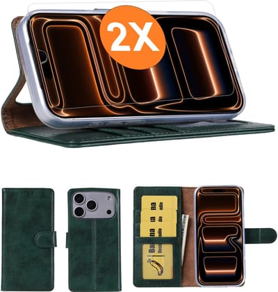 Hoesje geschikt voor iPhone 17 Pro Max hoesje Groen pasjeshouder telefoon hoes - Met screenprotector tempered glass voor iPhone 17 Pro Max - 2x