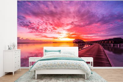 Behang - Fotobehang Steiger - Water - Zon - Roze - Horizon - Breedte 295 cm x hoogte 220 cm