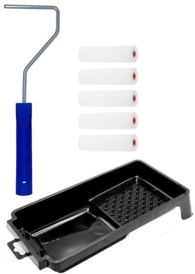 5x verfrollers / schuimrollers fijn inclusief rollerbeugel en verfbakje - 10 cm - geschikt voor diverse soorten verf - schilderbenodigdheden