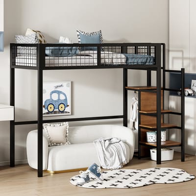 OKWISH Hoogslaper 90x200 cm – Kinderbed met veiligheidsladder & kledingkast onder trap – Met volledige metalen spijlen – Metaal – Zwart – Zonder matras