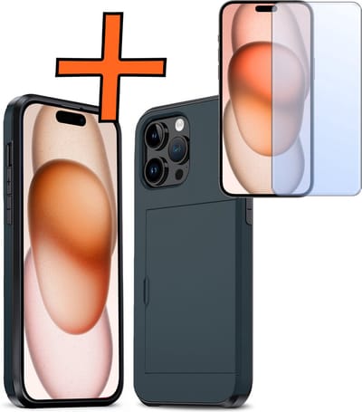 Hoesje Geschikt voor iPhone 15 Pro Hoesje Pasjeshouder Shockproof Hard Case Met Screenprotector - Hoesje Geschikt voor iPhone 15 Pro Hoes Met Kaarthouder - Donkerblauw