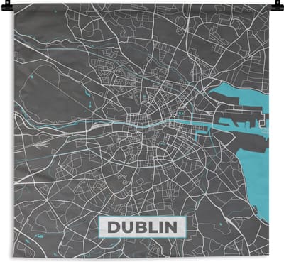 Wandkleed - Wanddoek - Dublin - Stadskaart - Kaart - Blauw - Plattegrond - 180x180 cm - Wandtapijt
