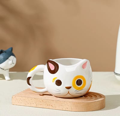 Schattige Kattenmok – Keramische Koffiemok met Oortjes – Wit/Geel
