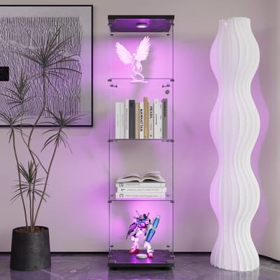 Vitrinekast met LED-verlichting, 161,4 cm glazen vitrinekast, 4 lagen met 1 deur en slot, moderne glazen verzamelkast, staande glazen opbergkast voor woonkamer, slaapkamer, kantoor, Zwart