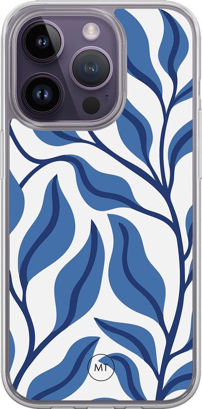 Hybride hoesje geschikt voor iPhone 15 Pro - Blue leaves - Extra bescherming - Luxe beschermhoes - TPU case - Transparant, Blauw - Mooie Telefoonhoesjes