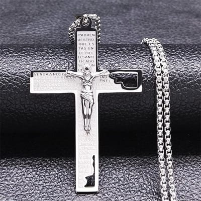 Donley Cubaans Kruis Ketting Heren - Jesus Cross met Heilige Tekst - Holy Cross - Zilver, Goud of Zwart - 45 cm - Christelijke Ketting - Cadeau