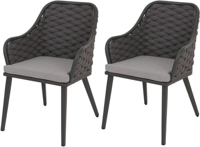 Set van 2 aluminium tuinstoelen MCW-O16, buitenstoel, touwvlechtwerk Olefin (200 g/m²) Touw ~ antraciet Kussen lichtgrijs