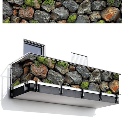 Balkonscherm 500x100 cm - Balkonposter Steenlook - Mos - Grijs - Groen - Balkon scherm decoratie - Balkonschermen - Balkondoek zonnescherm