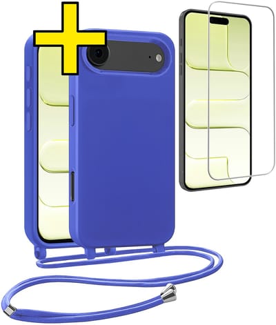 Hoesje Geschikt voor iPhone Air Hoesje Met Koord Met Screenprotector Siliconen Case - Hoes Geschikt voor iPhone Air Backcover Met Afneembaar Koord - Felblauw