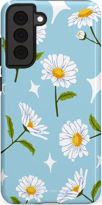 Casetastic hoesje geschikt voor Samsung Galaxy S21 FE 5G - Dubbellaagse bescherming - Margrietjes in de Wind - Fashion Case - Lichtblauw Wit Groen