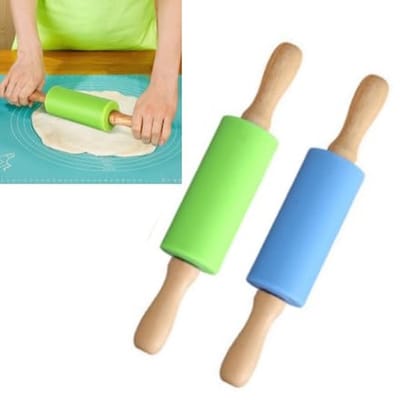 Dailygoods- Deegroller Antikleef - Houten Handgrepen - Klein 23,5 x 4,2 cm - Voor Kinderen - Hoogwaardig Materiaal - Blauw/Groen - Kinderdeegroller