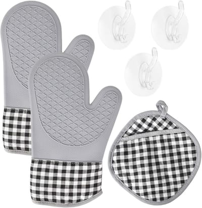 Hittebestendige ovenhandschoenen en pannenlappen met antislip, 260 °C, set voor koken, bakken en grillen