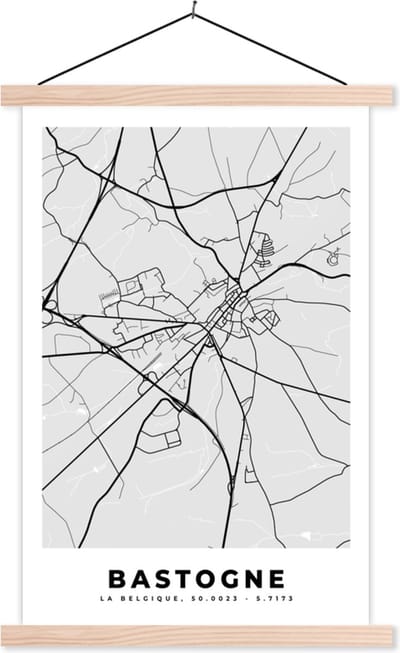 Posterhanger incl. Poster 40x60 cm - Schoolplaat - Stadskaart – Plattegrond – België – Zwart Wit – Bastogne – Kaart - Textielposter - Blanke latten - Stadskaart