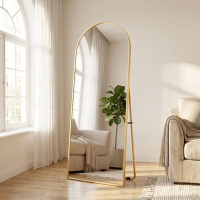 Volledig Gebogen Spiegel 162x53 cm, Minimalistische Vrijstaande Spiegel, Grote Staande Spiegel, Gebogen Vrijstaande Spiegel, Hangend Elliptisch Voor Slaapkamer Woonkamer Hal (Goud, 162x53 cm)