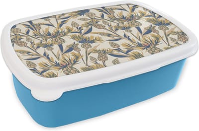Broodtrommel Blauw - Lunchbox - Brooddoos - Bloemen - Patroon - Design - Natuur - 18x12x6 cm - Kinderen - Jongen