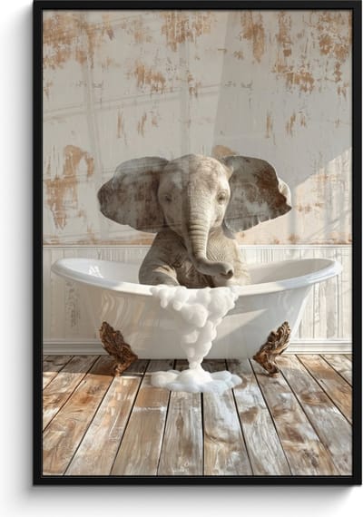 Poster in lijst - Fotolijst 80x120 cm - Posters - Vintage - Olifant - Badkuip - Schuim - Wilde dieren - Posterlijst zwart - Wanddecoratie badkamer - Muurdecoratie WC - Decoratieve accessoires - Toilet muur decoratie