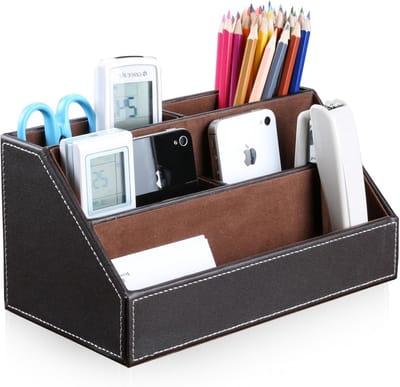 Houten Multifunctionele Bureau Organizer met Lederen Afwerking in Bruin voor Efficiënte Werkplekorganisatie
