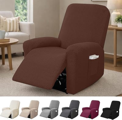 Fauteuilhoes, Elastische Stoelhoezen Met Zakken, Complete Gestreepte Jacquard Beschermhoes Voor Tv Fauteuil En Relax Fauteuil (Donkerbruin, 4-Delig)