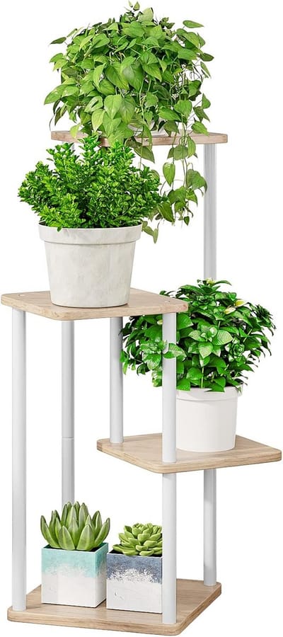 Plantenstandaard 4 Laags - Bloemenrek Metaal - Planten Presenteren - Stabiele Constructie - 80 cm Hoog - Wit Sonoma Eiken