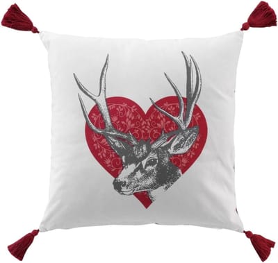 Decoratief Hart Kussen met Hertenmotief 40 cm in Wit en Rood van Katoen inclusief Vulling voor Bank of Stoel