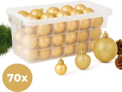 Lomera Kerstballen Set Goud - 70 Stuks - Kunststof Kerstballen - Opbergbox - Mat, Glanzend en Glitter - Verschillende Uitvoeringen - Kerstversiering - Kerstboomdecoratie - Afsluitbaar Deksel - Diverse Maten - Traditionele Hangdecoratie