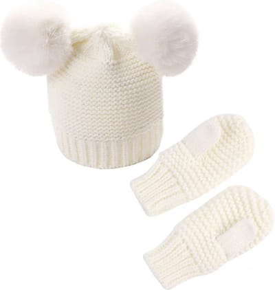 IL BAMBINI - Winterse set voor kinderen - Gebreide muts met Pom Pom en wanten - Off-white - 1-3 jaar
