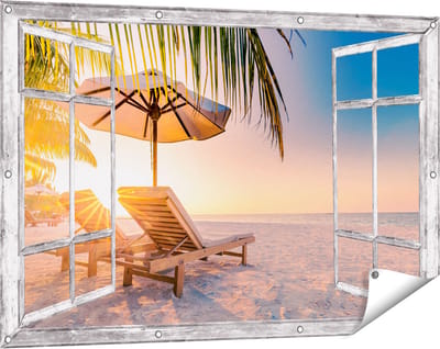 Gards Tuinposter Doorkijk Tropisch Strand tijdens Zonsondergang - 120x80 cm - Tuindoek - Tuindecoratie - Wanddecoratie buiten - Tuinschilderij