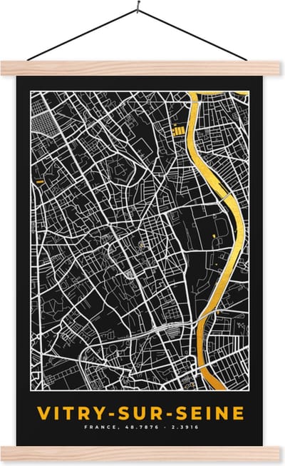 Posterhanger incl. Poster 40x60 cm - Schoolplaat - Stadskaart – Plattegrond – Vitry-sur-seine - Kaart - Frankrijk - Textielposter - Blanke latten - Stadskaart