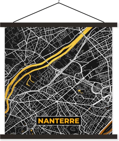 Posterhanger incl. Poster 60x60 cm - Schoolplaat - Nanterre - Plattegrond – Kaart – Frankrijk – Stadskaart - Textielposter - Zwarte latten - Stadskaart