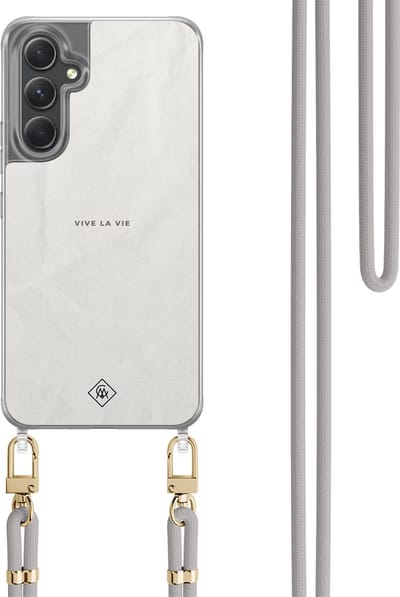 Casimoda® hoesje met koord - Geschikt voor Samsung A34 - Vive La Vie - Afneembaar koord - TPU/polycarbonaat - Grijs